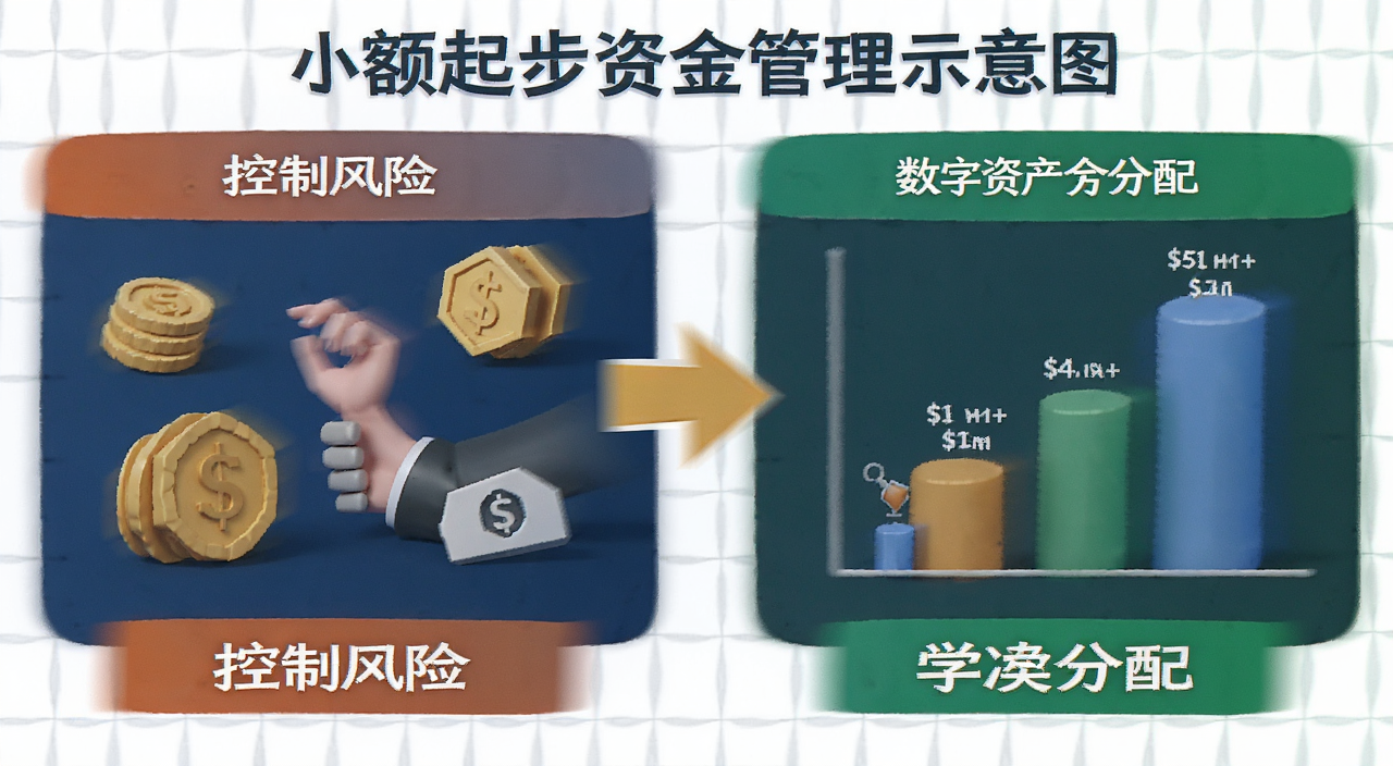 小额起步资金管理示意图,包含控制风险关键词和数字资产分配比例