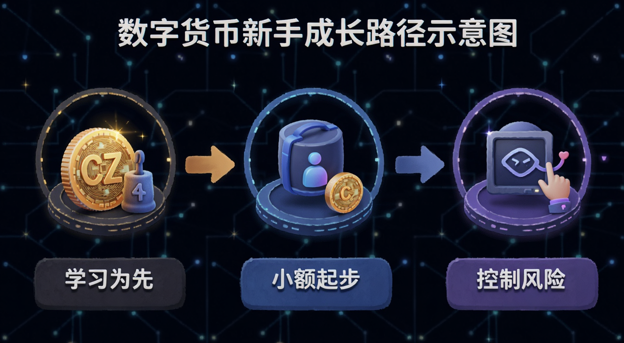 数字货币新手成长路径示意图,包含CZ给新手的3条核心建议:学习为先、小额起步、控制风险文字