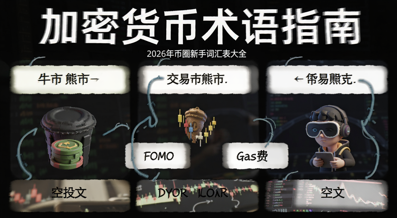 2026年币圈新手词汇表大全 交易术语图解 包含牛市熊市FOMO DYOR Gas费 空投 文字标注“加密货币术语指南”