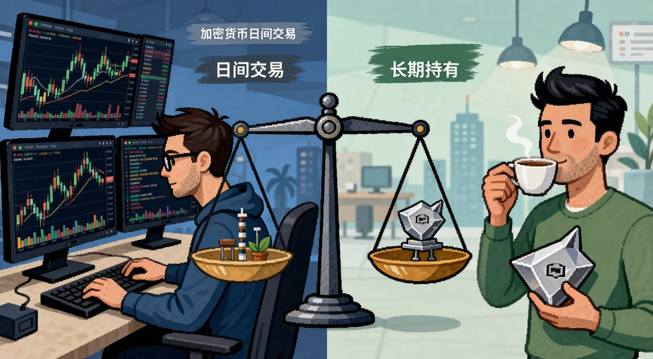 加密货币日间交易与长期持有策略对比插画,画面左边是盯着多屏K线图的交易员,右边是拿着硬件钱包喝咖啡的持有者,中间用天平连接,标注日间交易和长期持有字样