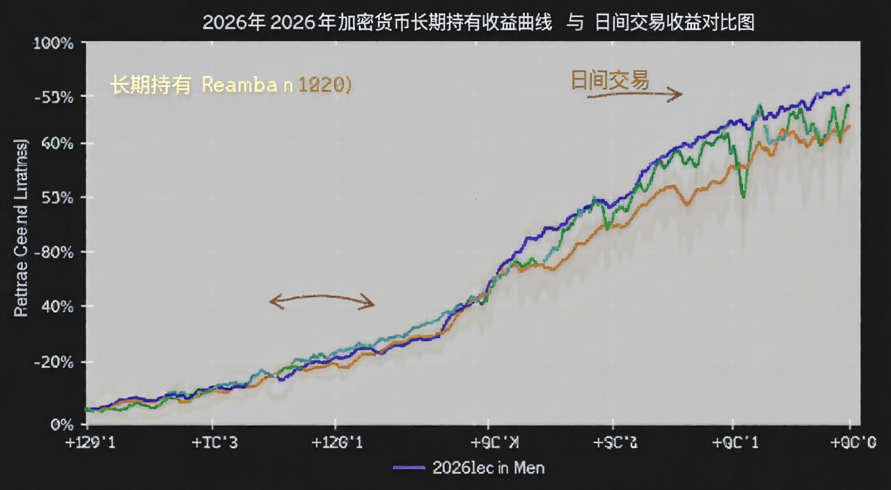 2026年加密货币长期持有收益曲线与日间交易收益对比图,用简单折线展示,标注长期持有和日间交易字样