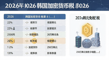 2026年韩国加密货币税 税率表 22% 250万韩元免税 示意图