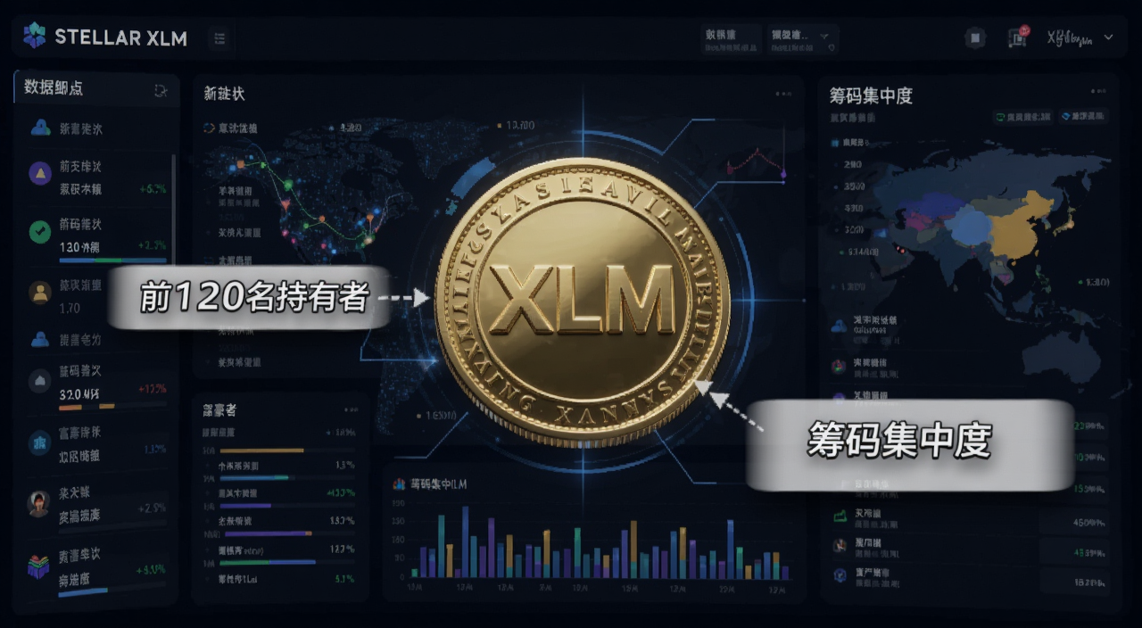 Stellar XLM前120名持有者富豪名单细节分析配图,画面是区块链数据看板和XLM代币符号,标注“前120名持有者”“筹码集中度”字样