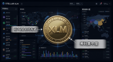 Stellar XLM前120名持有者富豪名单细节分析配图,画面是区块链数据看板和XLM代币符号,标注“前120名持有者”“筹码集中度”字样