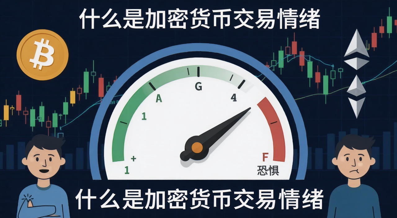 加密货币交易情绪分析概念图,画面中展示一个巨大的情绪仪表盘,指针在贪婪与恐惧之间摆动,背景是比特币和以太坊的K线图,旁边有散户投资者表情的简笔画,整体风格扁平化科技感,文字标注“什么是加密货币交易情绪”