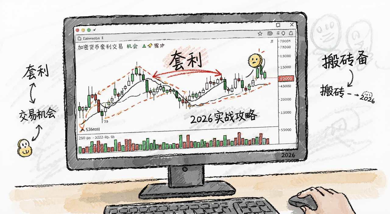加密货币套利交易机会与陷阱 2026实战攻略 手绘风格 电脑屏幕显示K线图与搬砖路径 文字标注“套利”