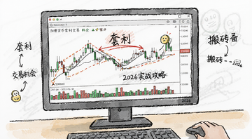 加密货币套利交易机会与陷阱 2026实战攻略 手绘风格 电脑屏幕显示K线图与搬砖路径 文字标注“套利”