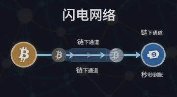 比特币闪电网络工作原理示意图,图中包含文字“闪电网络”“链下通道”“秒到账”,用简洁的节点和通道连线展示比特币主链与闪电网络的关系