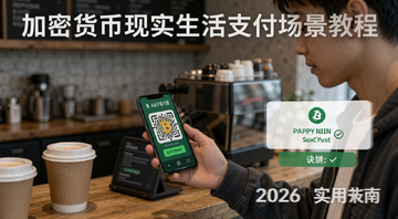 加密货币现实生活支付场景教程,一个年轻人用手机扫码支付加密货币买咖啡,画面中有加密货币符号和支付成功提示,文字注明2026实用指南