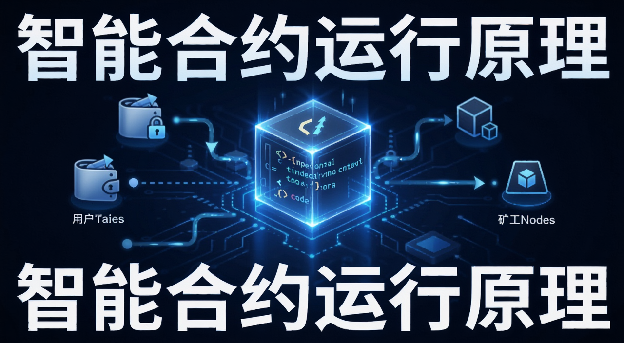 一张展示智能合约在区块链上自动执行的流程图,画面中央是发光的合约代码块,周围连接着用户钱包和矿工节点,风格科技感蓝色调,图片上标注“智能合约运行原理”几个字