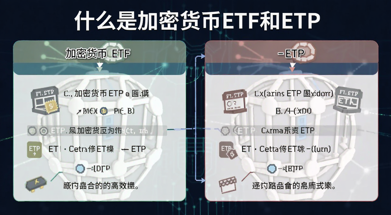 加密货币ETF和ETP投资工具对比示意图,图中标注ETF与ETP核心区别,配文字“什么是加密货币ETF和ETP”