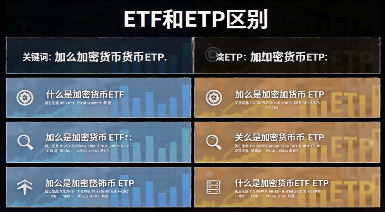 加密货币ETF与ETP对比表格,关键词包含什么是加密货币ETF和ETP,配文字“ETF和ETP区别”