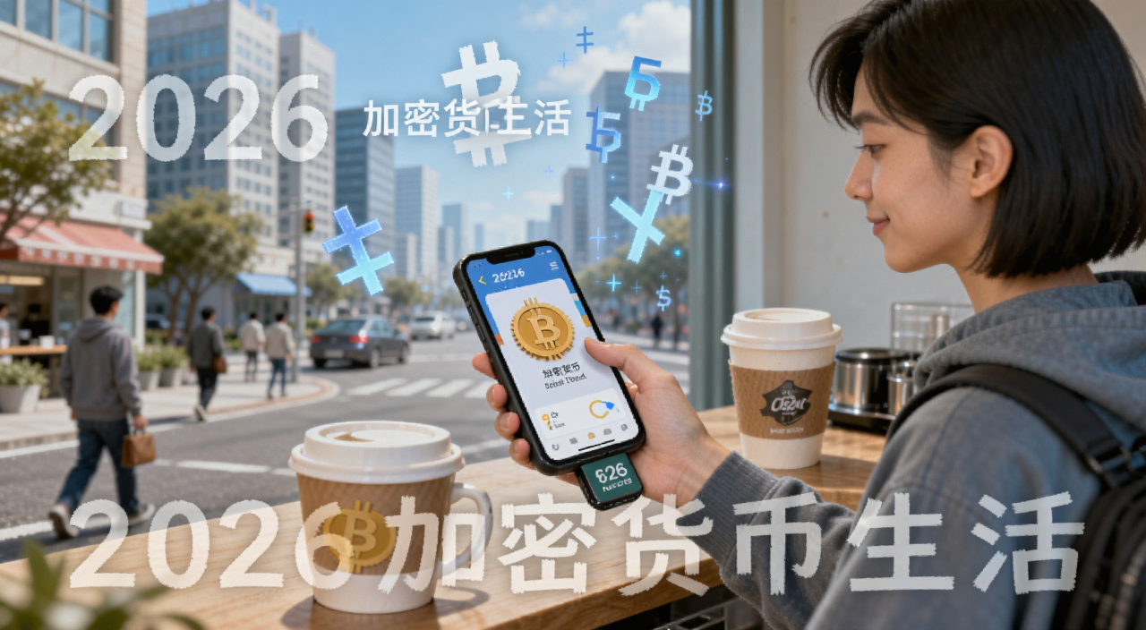 2026年加密货币改变日常生活场景插画,一个人用手机完成加密货币支付买咖啡,背景是城市街道和数字符号,风格轻松写实,画面中文字用“2026加密货币生活”标注