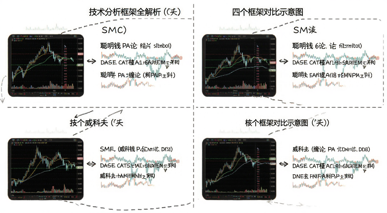 技术分析框架全解析 四个框架对比示意图 用文字标注 SMC 聪明钱 PA 缠论 威科夫 各自核心思路