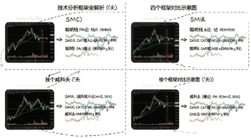 技术分析框架全解析 四个框架对比示意图 用文字标注 SMC 聪明钱 PA 缠论 威科夫 各自核心思路