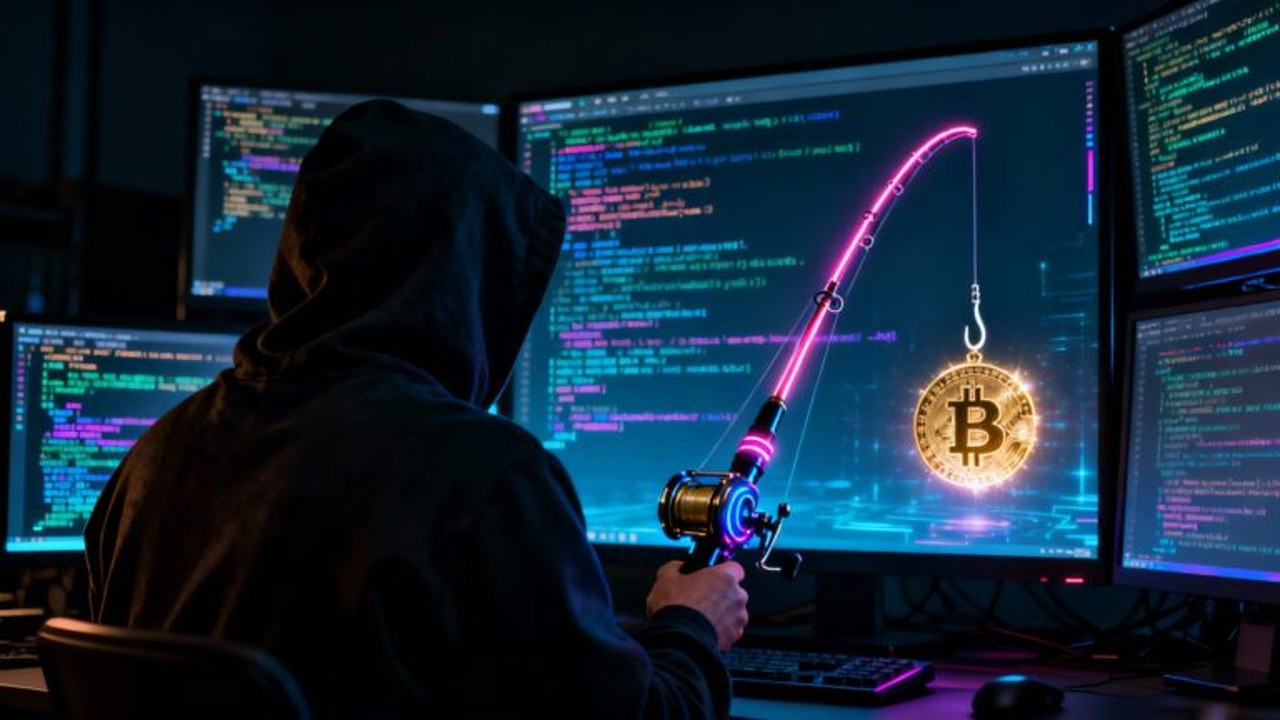 加密货币诈骗手段识别警示图,包含钓鱼链接、假交易所界面、杀猪盘聊天记录等元素