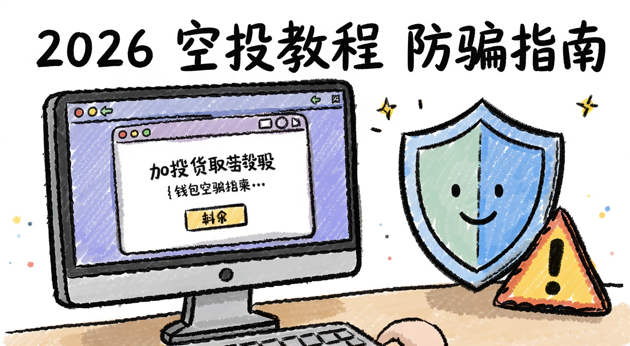 加密货币空投教程与钱包防骗指南 手绘风格 电脑屏幕显示空投领取页面 旁边有盾牌和警示标志 文字写“2026 空投教程 防骗指南”