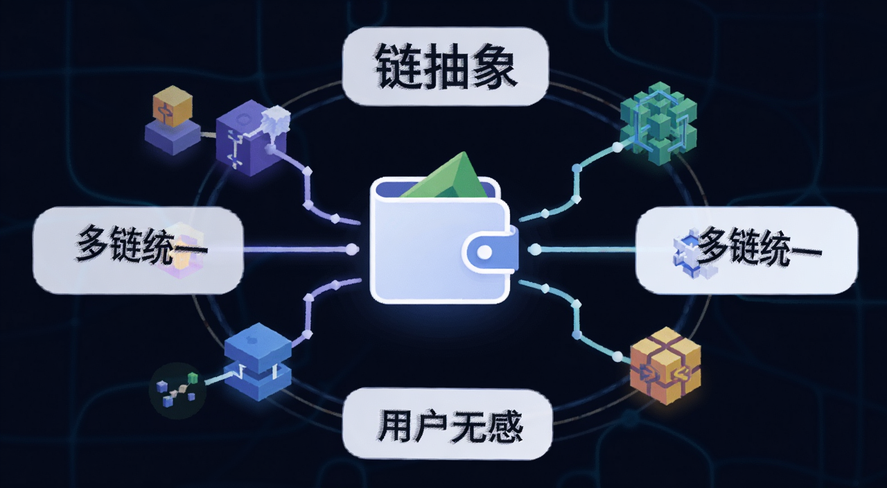什么是链抽象概念示意图,画面中央是一个简化钱包图标连接多条区块链,用中文标注“链抽象”“多链统一”“用户无感”,风格扁平科技感