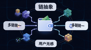 什么是链抽象概念示意图,画面中央是一个简化钱包图标连接多条区块链,用中文标注“链抽象”“多链统一”“用户无感”,风格扁平科技感