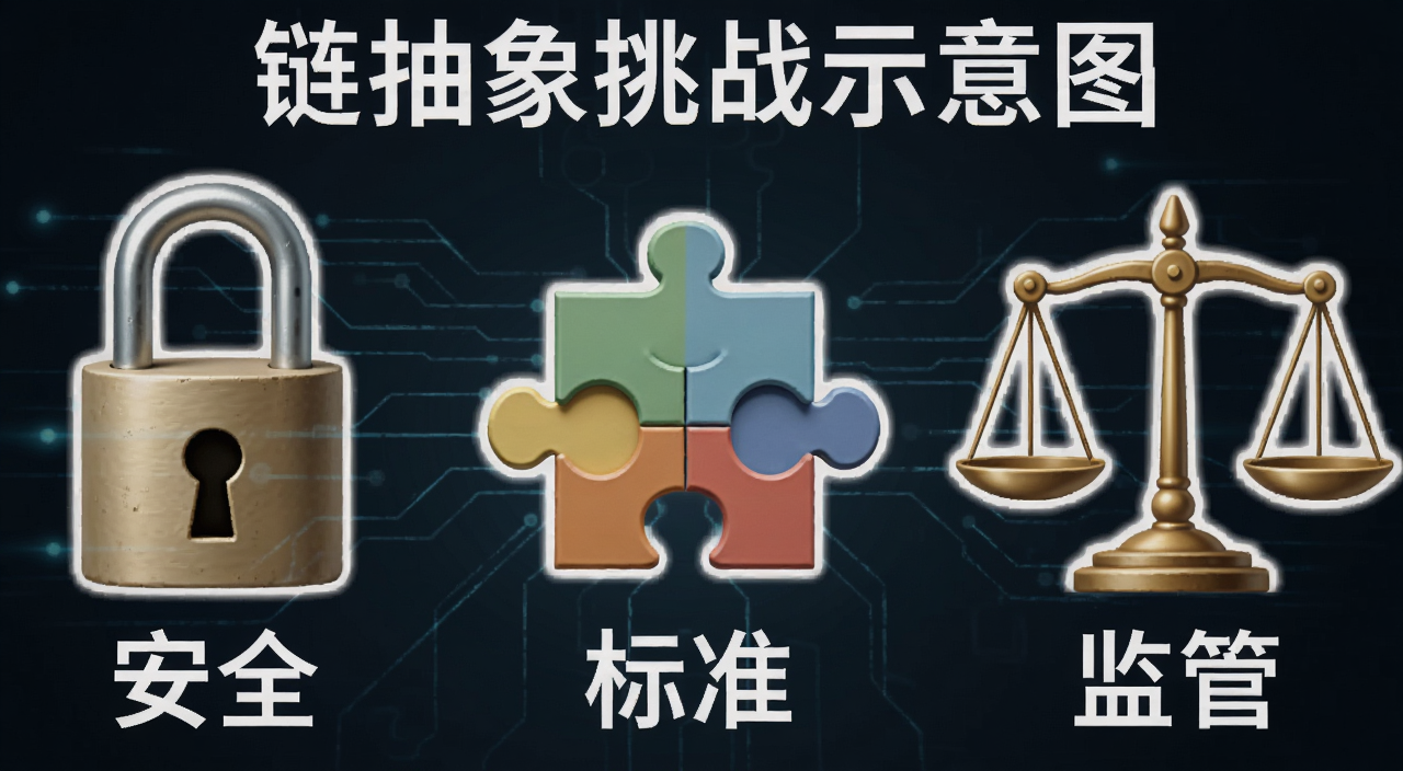 链抽象挑战示意图,画面中有安全锁、标准拼图、监管天平三个元素,中文标注“安全”“标准”“监管”