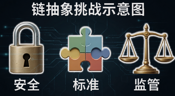 链抽象挑战示意图,画面中有安全锁、标准拼图、监管天平三个元素,中文标注“安全”“标准”“监管”