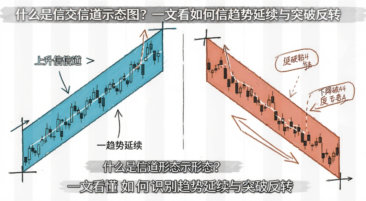 交易信道形态示意图,展示上升信道和下降信道的画法,标注趋势延续与突破反转的关键位置,文字注明“什么是交易信道形态?一文看懂如何识别趋势延续与突破反转”