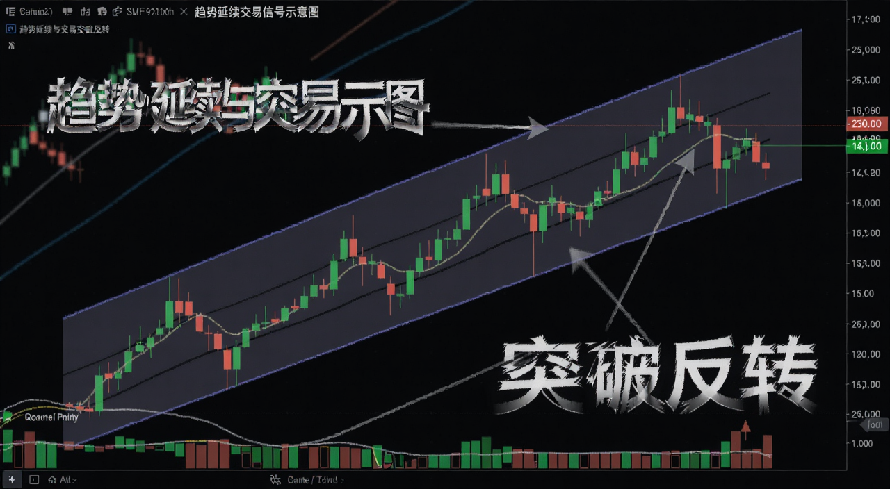 趋势延续交易信号示意图,展示价格在上升信道下轨反弹的K线形态,文字标注“趋势延续与突破反转”