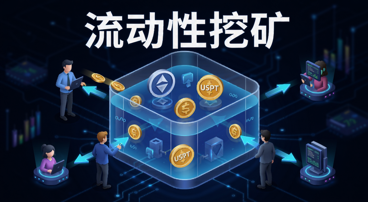 什么是流动性挖矿?全面拆解运作原理、现代策略与内核风险,画面中央是一个巨大的透明资金池,池子里漂浮着ETH和USDT的图标,周围有用户图标往池子里投币,也有箭头从池子流向交易者,整体风格简洁科技感,图片上标注文字“流动性挖矿”