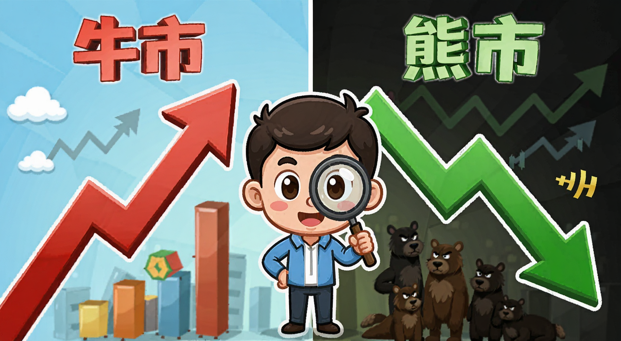 2026牛市熊市区别新手入门指南,卡通风格对比图,左边红色上涨箭头代表牛市,右边绿色下跌箭头代表熊市,中间站着一位拿着放大镜的新手投资者,图片上方标注“牛市”和“熊市”文字