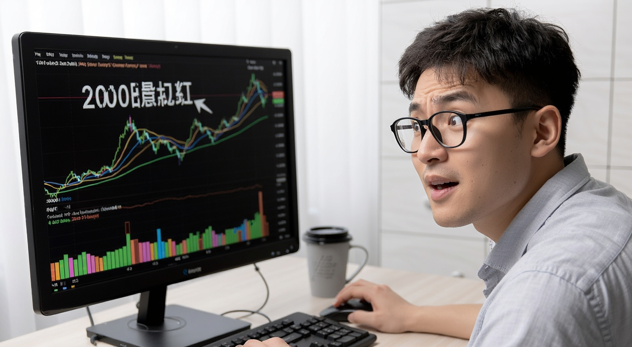 牛市熊市判断方法新手入门指南,一位投资者看着电脑屏幕上的均线和成交量指标,表情从困惑到恍然大悟,画面中有“200日均线”文字标注