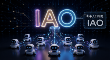 IAO Initial Agent Offering 概念图 画面中央是发光字母IAO下方连接多个AI机器人节点 旁边有文字标注新手入门指南,IAO