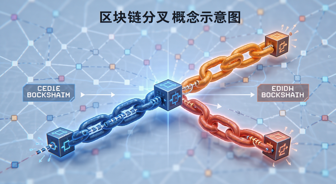 区块链分叉概念示意图,画面中央一条主链分裂成两条不同颜色的链条,标注硬分叉和软分叉字样,区块链分叉