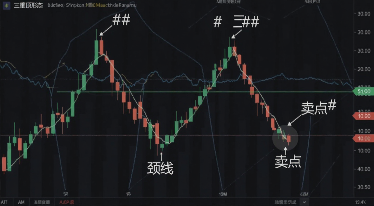 加密货币K线图三重顶形态示意图,标注三个顶部和颈线位置,用#号注明“三重顶形态”“颈线”“卖点”