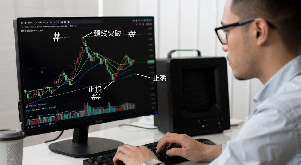 加密货币交易者对着电脑分析三重顶K线图,标注买卖点和止损位,用#号注明“颈线突破”“止损”“止盈”