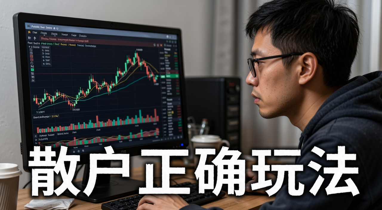 散户正确玩法 一个普通投资者坐在电脑前认真看K线图 屏幕上显示交易软件界面 文字标注“散户正确玩法”