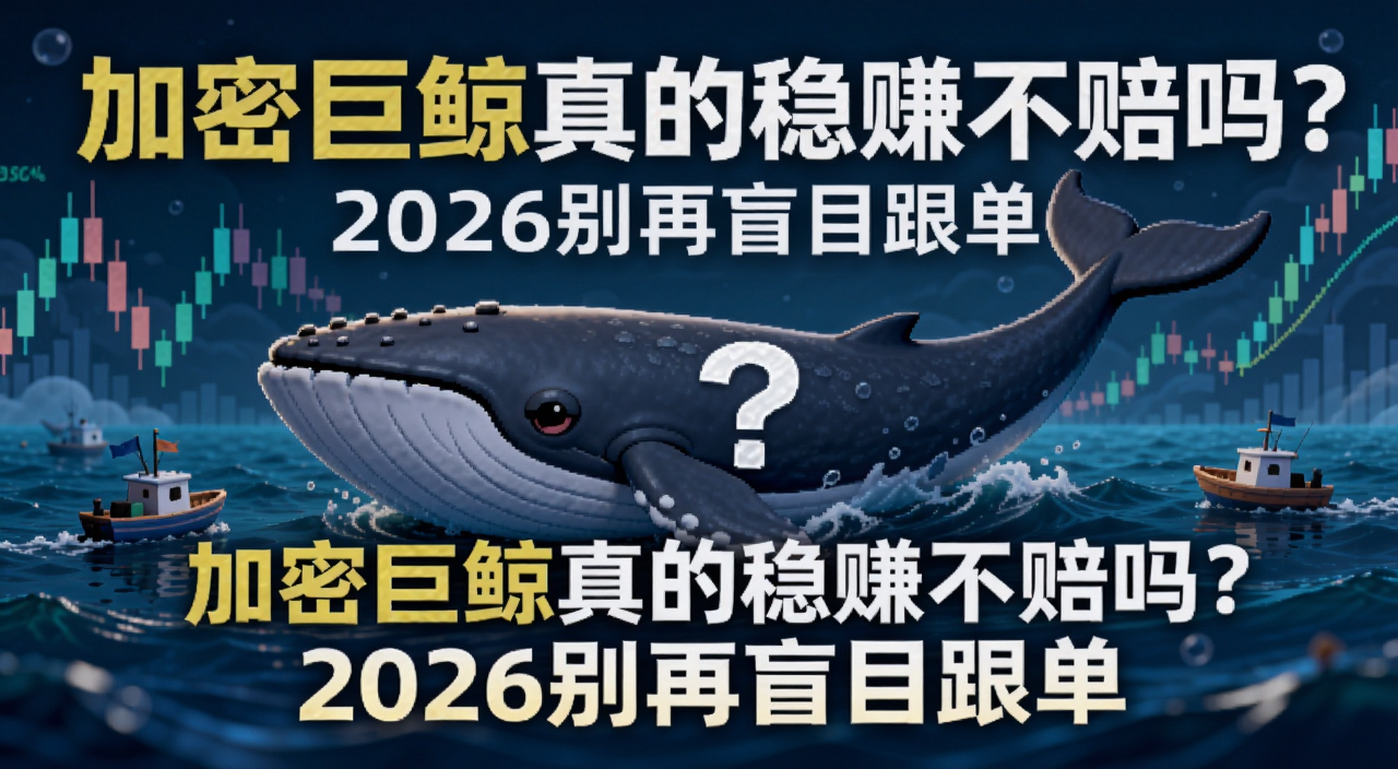加密巨鲸跟单避坑指南封面图,画面中一条巨大的鲸鱼在数字货币K线海洋中游动,旁边有散户小船,鲸鱼身上标着问号,文字注明“加密巨鲸真的稳赚不赔吗?2026别再盲目跟单”