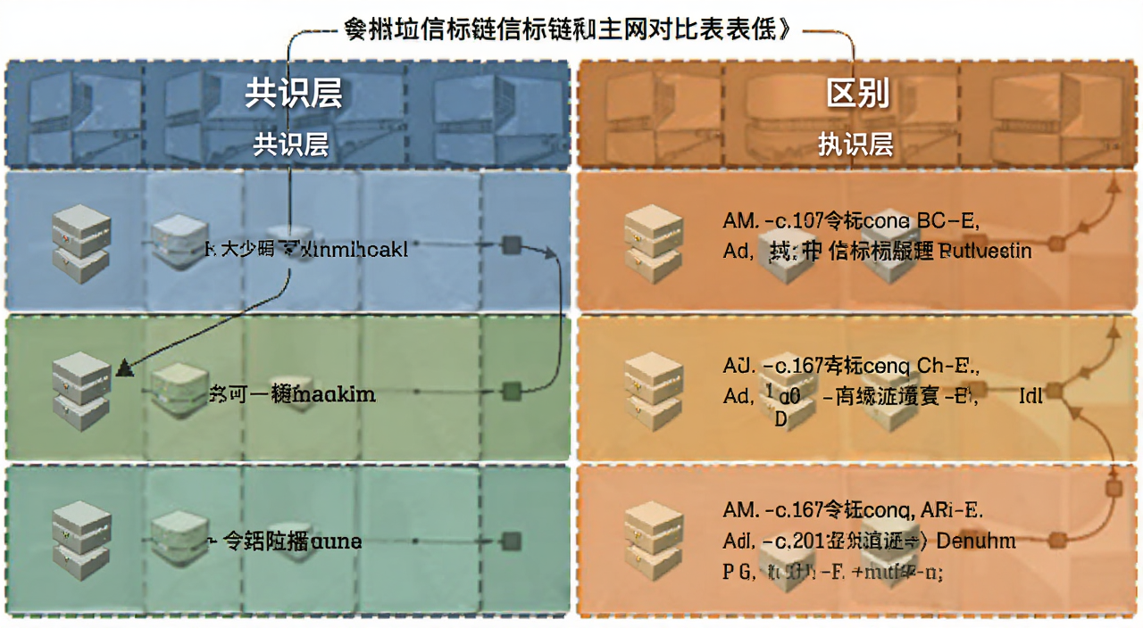 以太坊信标链和主网对比表格配图,图中文字“共识层”“执行层”“区别”