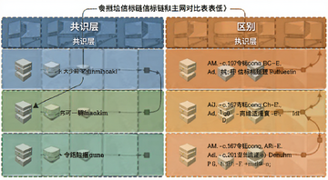 以太坊信标链和主网对比表格配图,图中文字“共识层”“执行层”“区别”