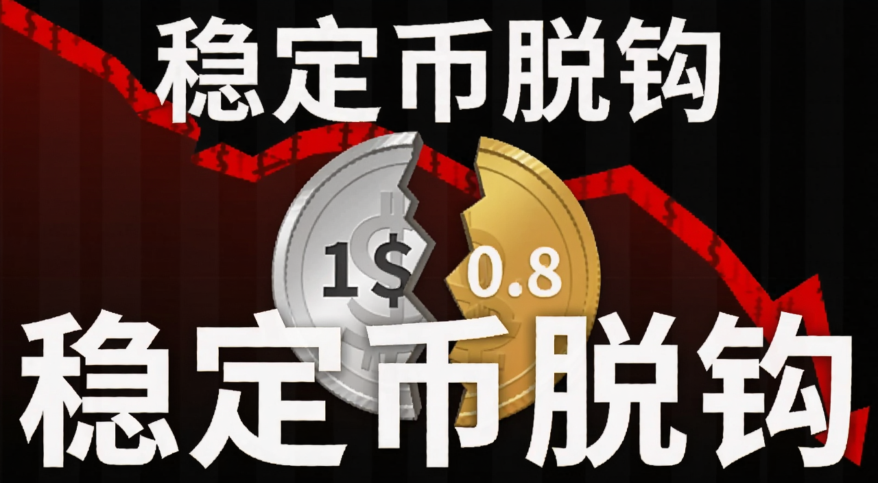稳定币脱钩概念示意图,画面中央一枚硬币裂成两半,一半标着1美元一半标着0.8美元,背景是红色下跌曲线,图上用文字注明“稳定币脱钩”