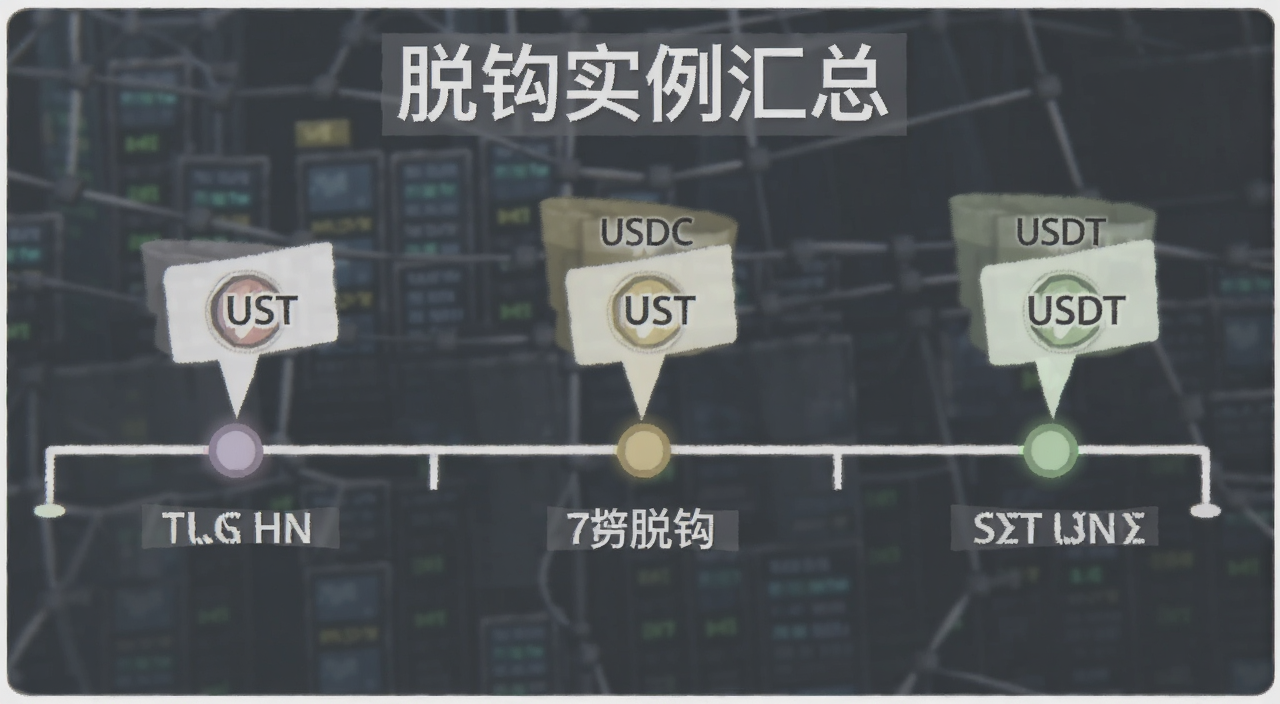 稳定币历史脱钩实例时间线,标注UST、USDC、USDT三个关键节点,用文字注明“脱钩实例汇总”