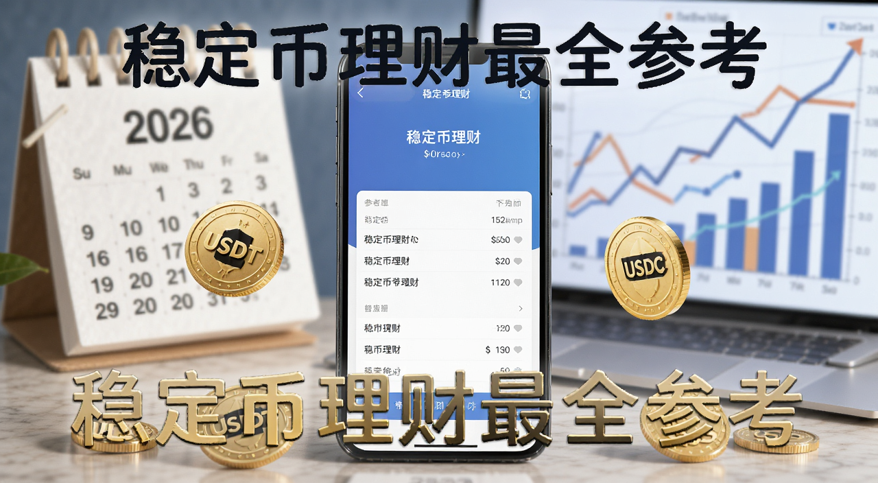 稳定币理财最全参考攻略封面图,画面中央是手机屏幕显示稳定币理财收益页面,周围散落USDT、USDC金币图标,背景是2026年日历和理财图表,文字标注稳定币理财最全参考