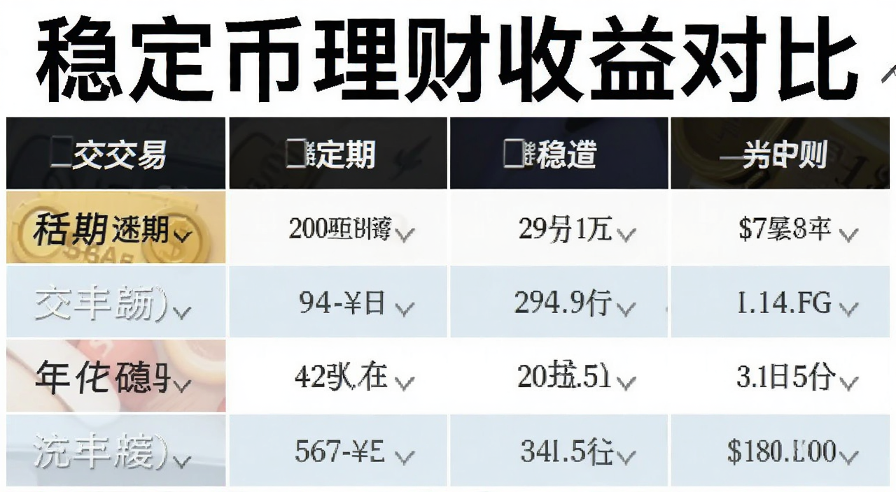 稳定币理财收益对比表格截图,包含交易所活期定期DeFi借贷流动性挖矿年化利率,文字标注稳定币理财最全参考