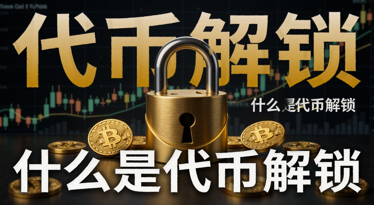 代币解锁概念示意图,画面中央是一个打开的锁和散落的金色数字货币图标,背景是K线图,图中文字标注“代币解锁”和“什么是代币解锁”