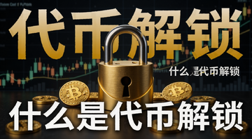 代币解锁概念示意图,画面中央是一个打开的锁和散落的金色数字货币图标,背景是K线图,图中文字标注“代币解锁”和“什么是代币解锁”