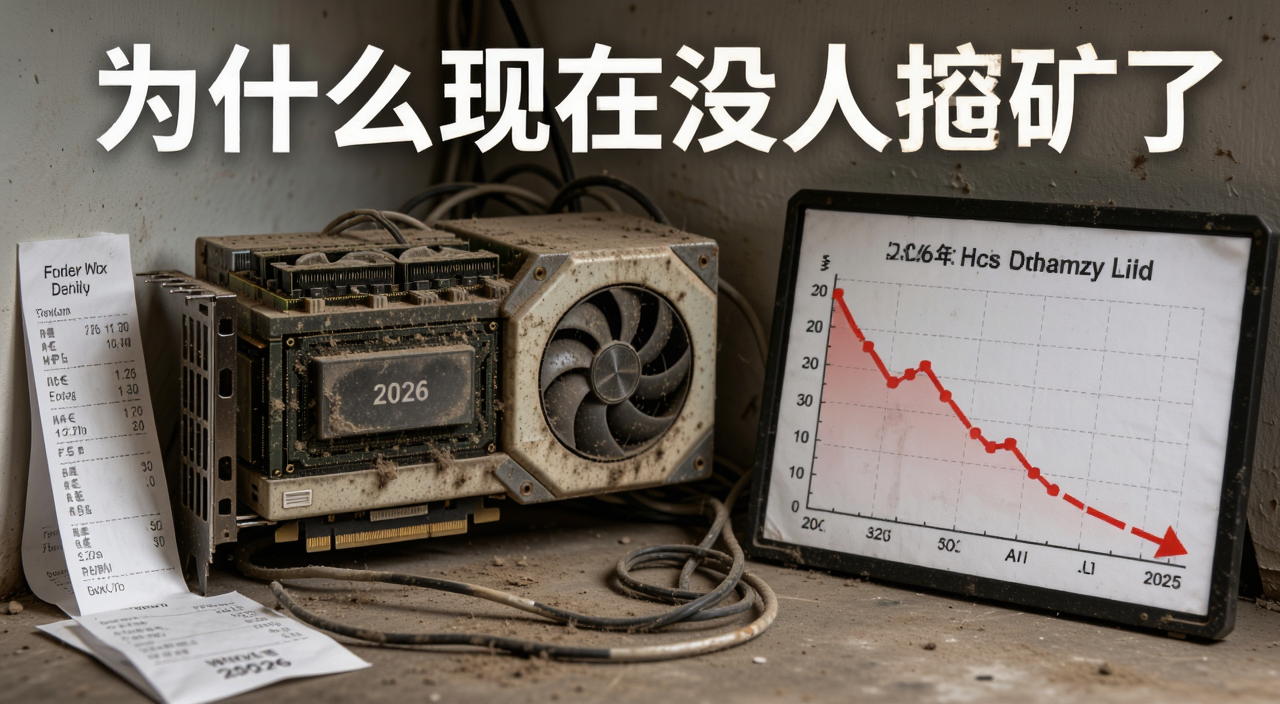 2026年为什么现在没人挖矿了?没人挖矿原因解析,画面中一台布满灰尘的旧显卡矿机被放在角落,旁边是电费账单和跌落的收益曲线图,文字标注“为什么现在没人挖矿了”
