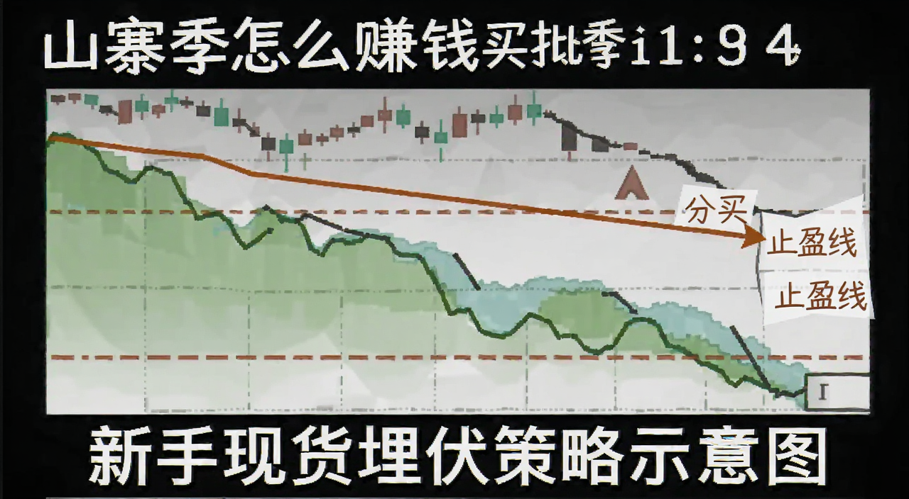 山寨季怎么赚钱 新手现货埋伏策略示意图,包含分批买入和止盈线标注