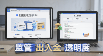 安全跟单交易平台选择要点,画面展示监管牌照查询页面和出入金记录,文字标注“监管 出入金 透明度”