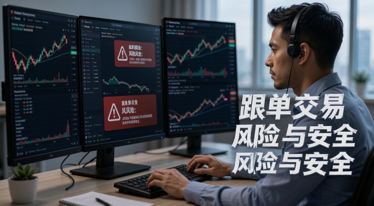 2026跟单交易风险与安全跟单攻略,画面中一个交易员盯着多块屏幕,屏幕上显示跟单交易界面和风险提示,旁边有文字“跟单交易 风险与安全”