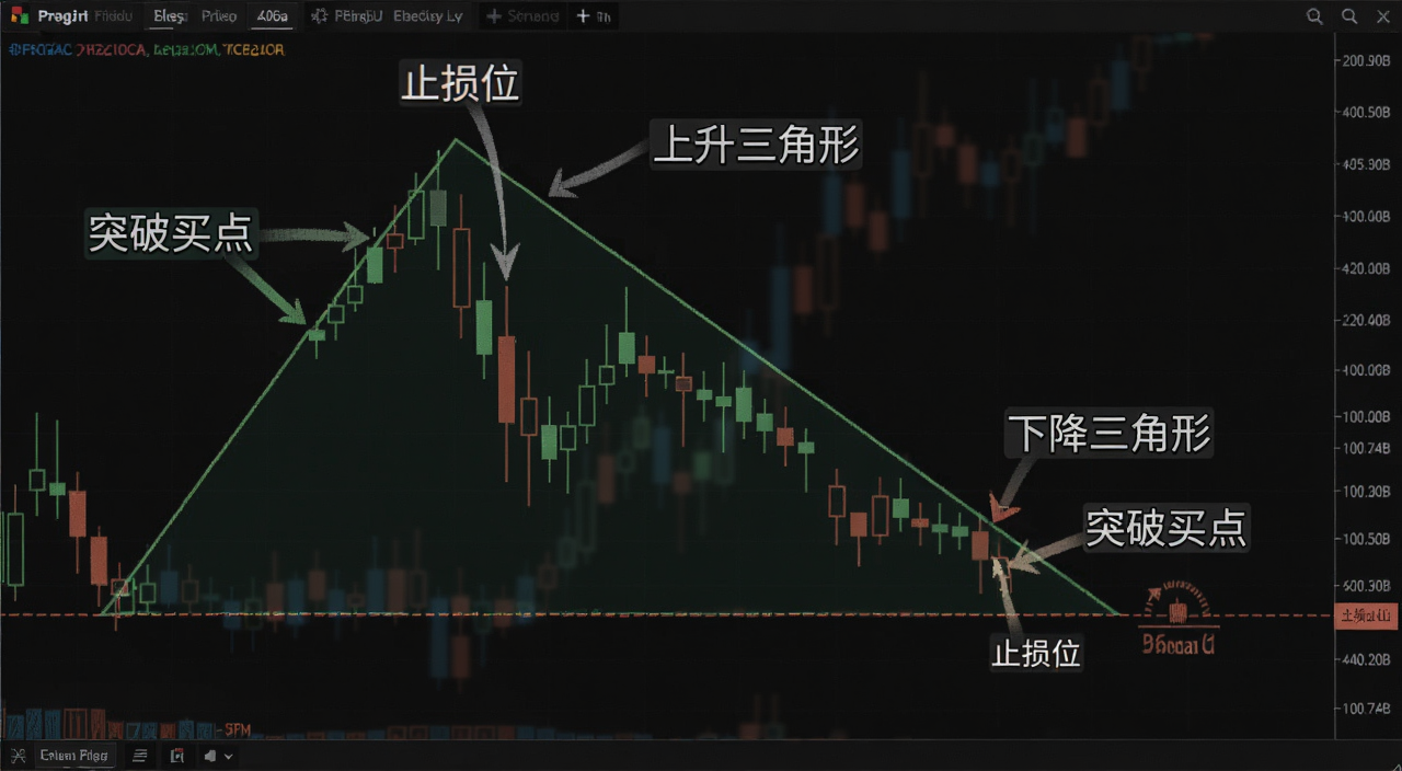 加密货币K线图三角形形态买卖点教学示意图,图中标注“上升三角形”“下降三角形”“突破买点”“止损位”等文字