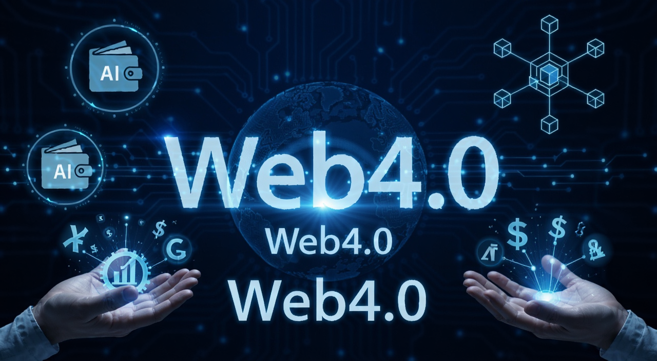 什么是Web 4.0概念示意图,画面中央是发光的Web4.0字样,周围环绕AI钱包图标、区块链节点、人类手掌与金融符号融合的场景,科技感蓝色调,文字注明“Web4.0”